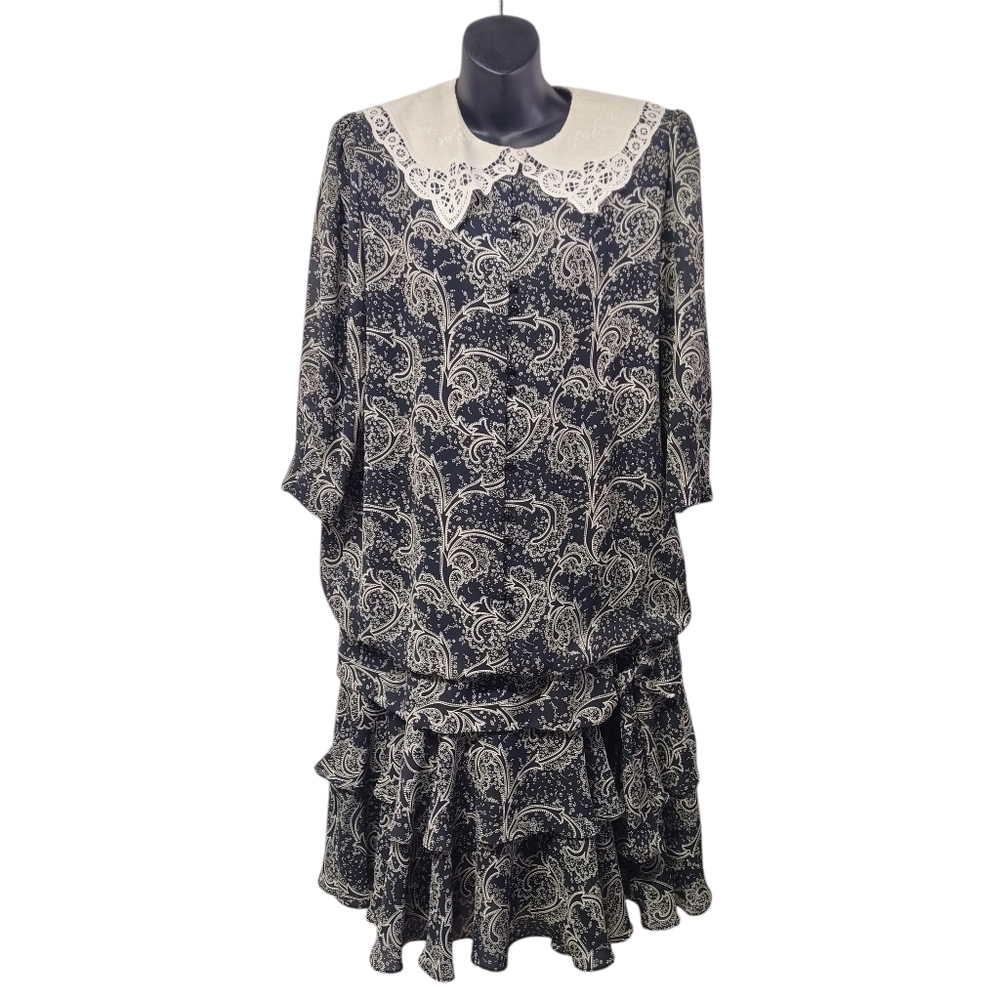 Vtg 80s Liz Roberts Layered Shimmer Side Bow Dress Wide Lace Collar Dress Sz M/L